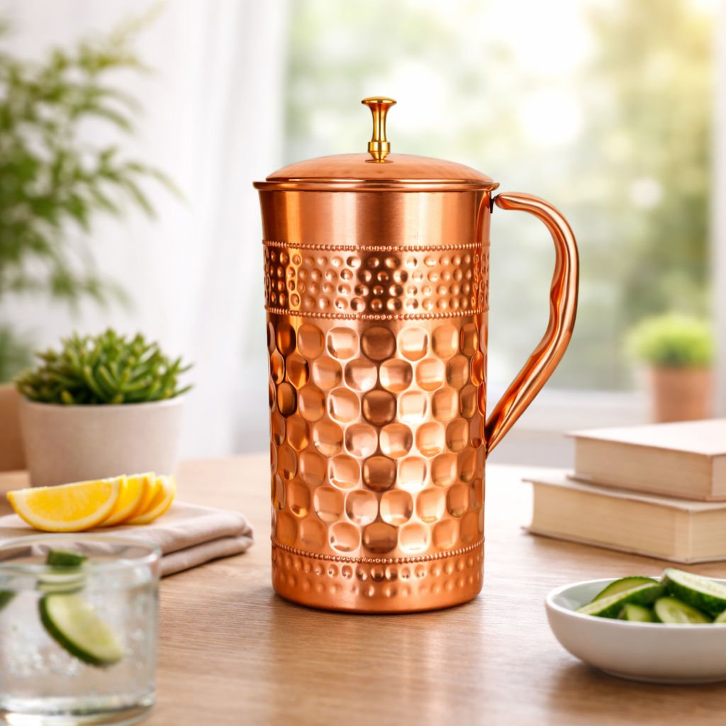 Pure copper jug with diamond hammered beeding & plain design diamond, 1500 ML
